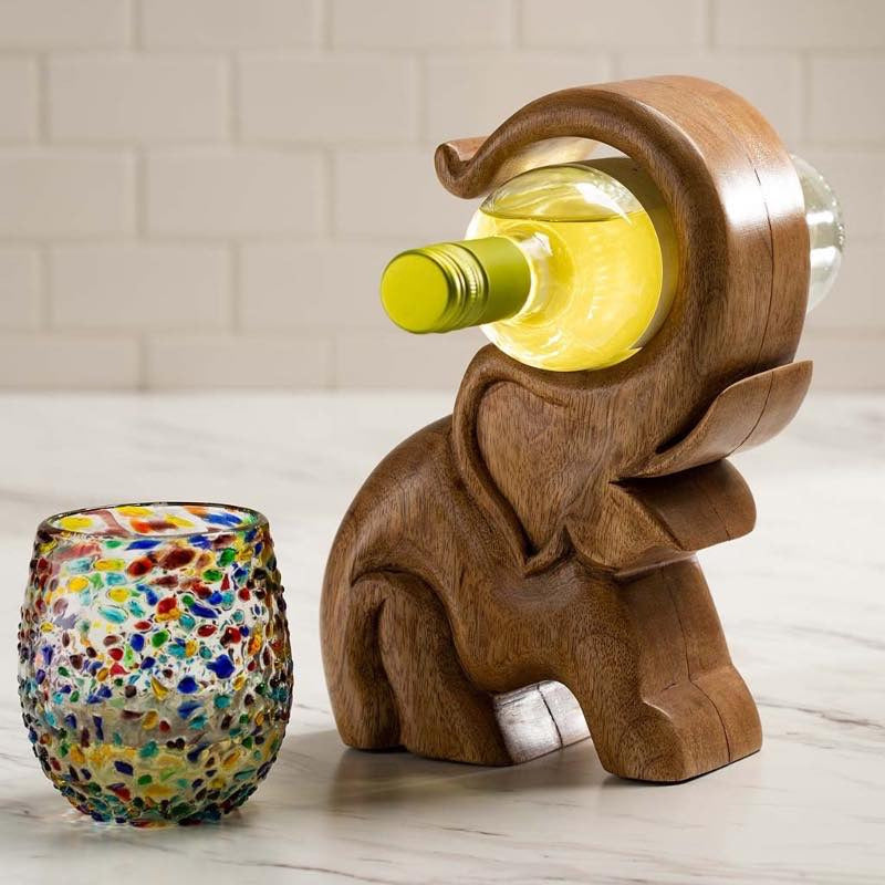 VivaTerra Hand-Carved Wooden Elephant Wine Bottle Display