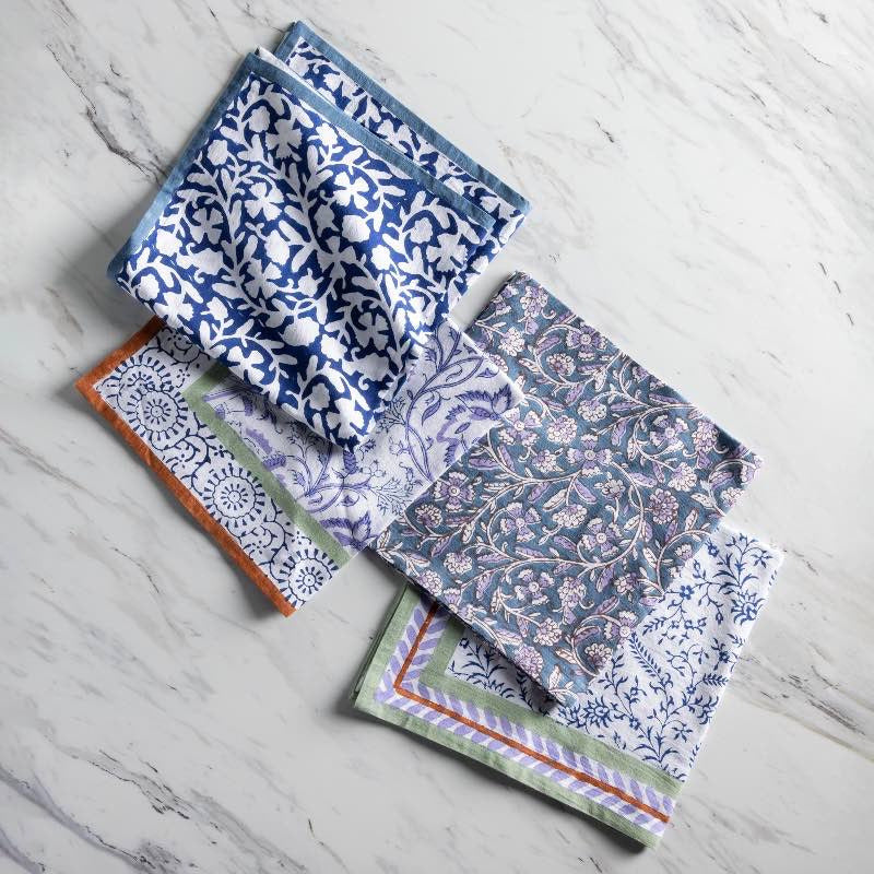 VivaTerra Hand-Block Printed Blue Napkins, Set of 4