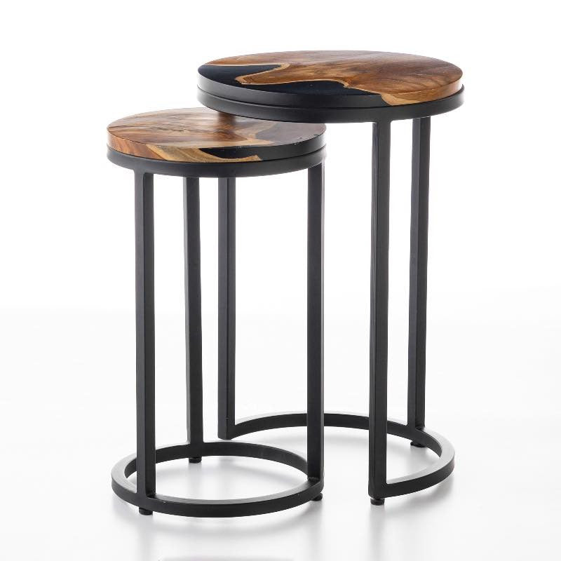 VivaTerra Round Wood Wave Nesting Tables, Set of 2