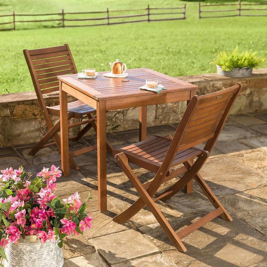 VivaTerra Eucalyptus Wood Outdoor Bistro Set, Table and Two Chairs