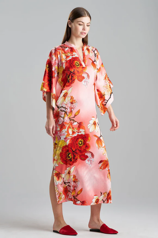 Natori Winter Peony Satin Mandarin Caftan