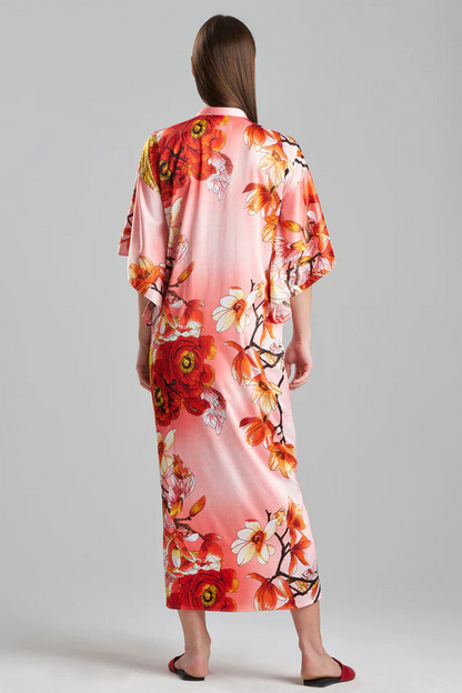 Natori Winter Peony Satin Mandarin Caftan