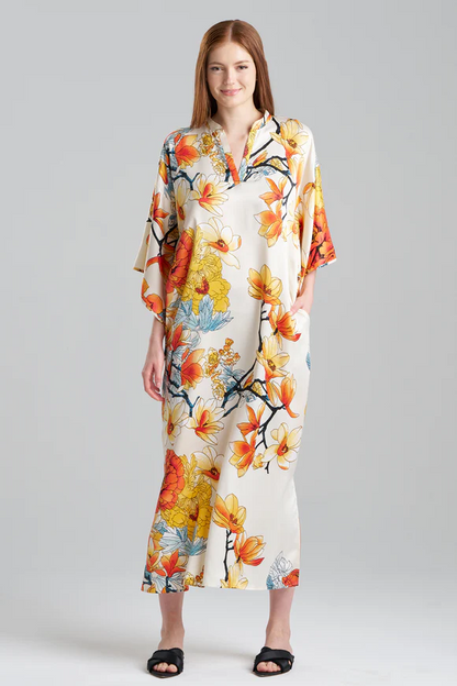 Natori Winter Peony Satin Mandarin Caftan