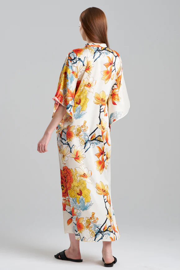 Natori Winter Peony Satin Mandarin Caftan