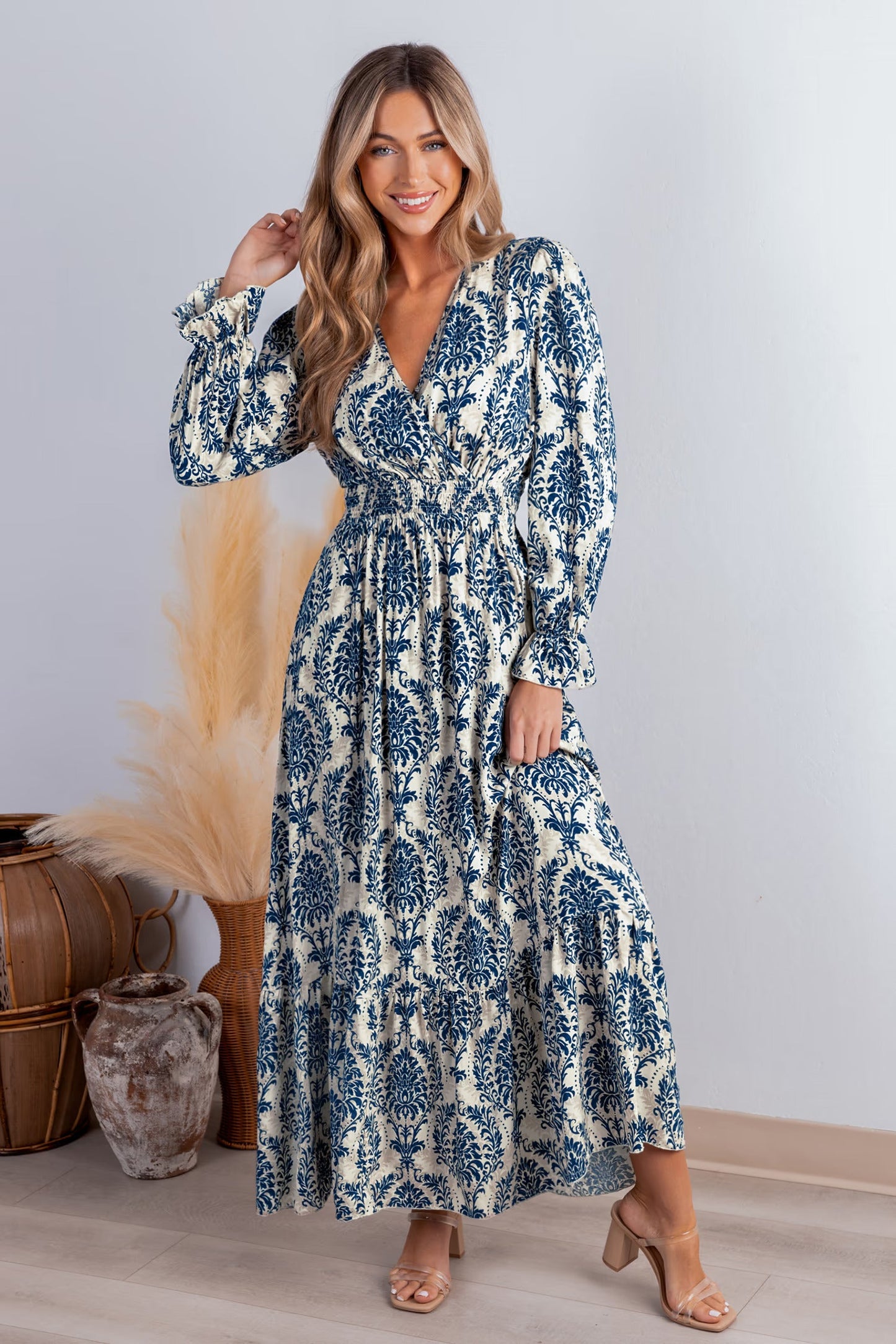 Cupshe Damask Long Sleeve V-Neck Maxi Dress