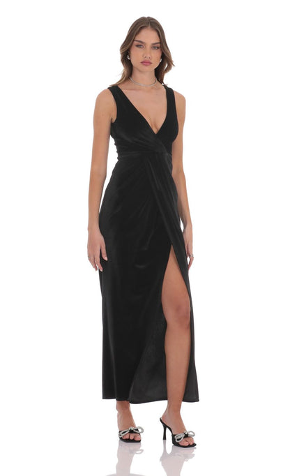 Lucy In The Sky Velvet V-Neck Slit Maxi Dress in Black