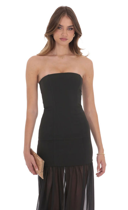 Lucy In The Sky Strapless Chiffon Drop Skirt Maxi Dress in Black