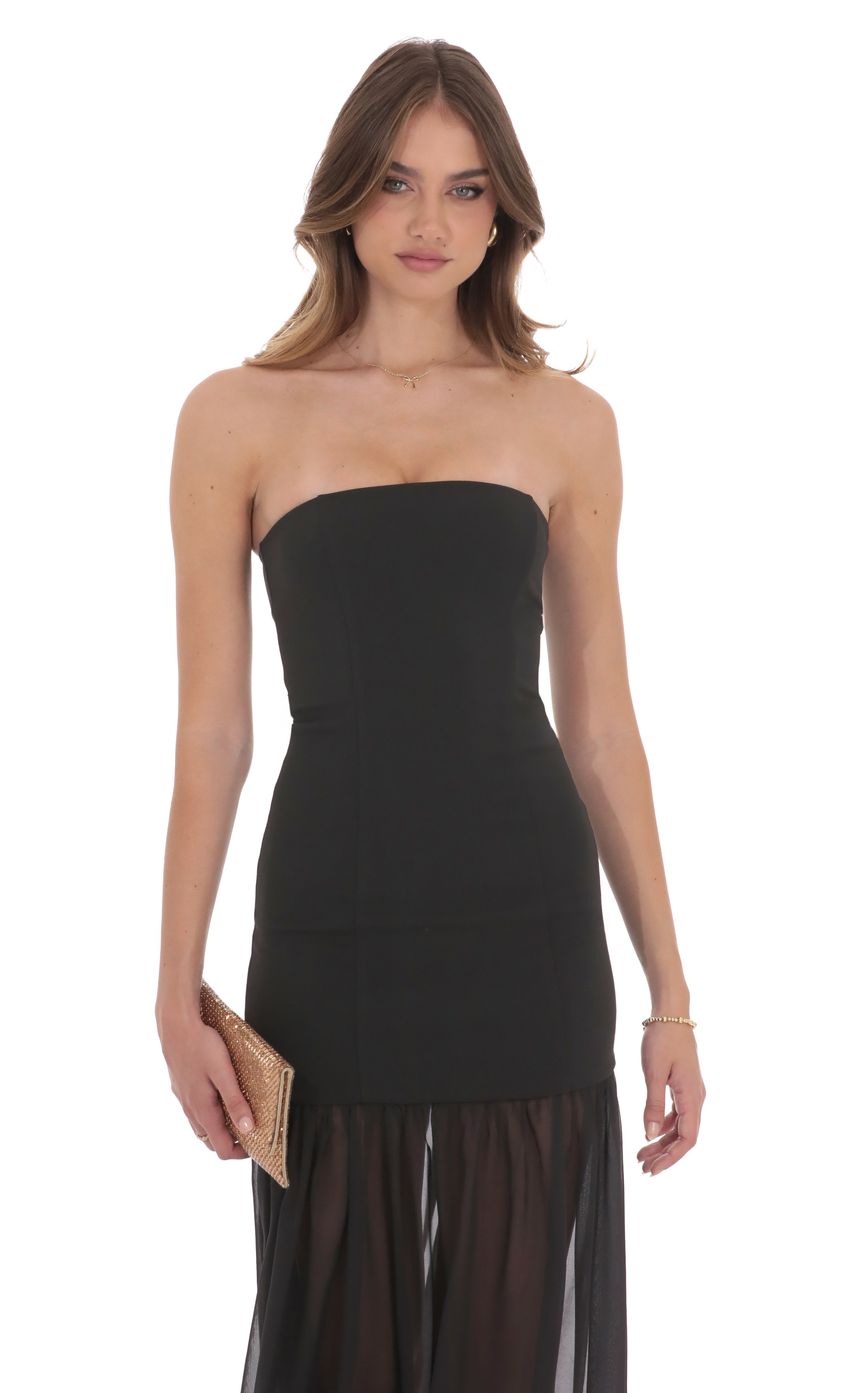 Lucy In The Sky Strapless Chiffon Drop Skirt Maxi Dress in Black