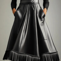 Ursime PU Leather Pocket Fringe Hem Midi Skirt