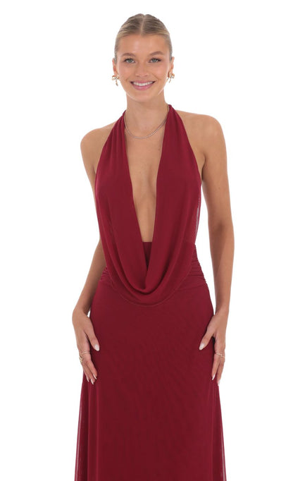 Lucy In The Sky Mesh Plunge Cowl Neck Dress in Maroon