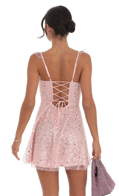 Lucy In The Sky Sequin Ruffle Strap A-Line Dress in Pink