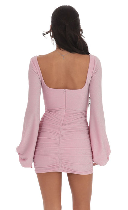 Lucy In The Sky Shimmer Ruched Cowl Neck Dress in Pink