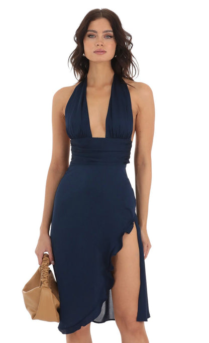Lucy In The Sky Satin Ruffle Slit Dress in Navy