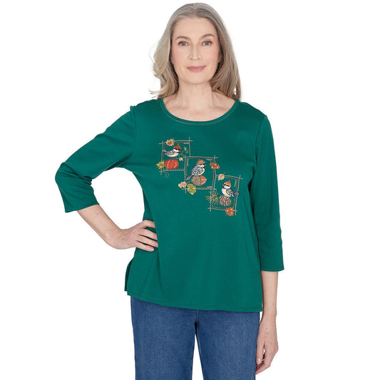 Alfred Dunner Women's Birds with Hats Detailed Crew Neck Top