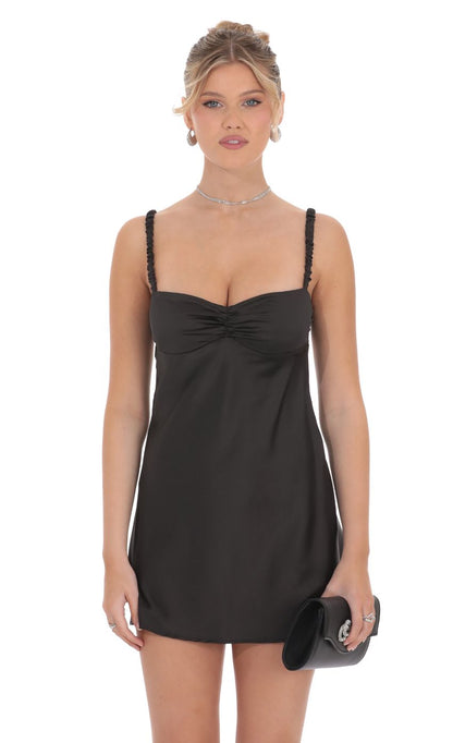 Lucy In The Sky Satin Babydoll Dress in Black