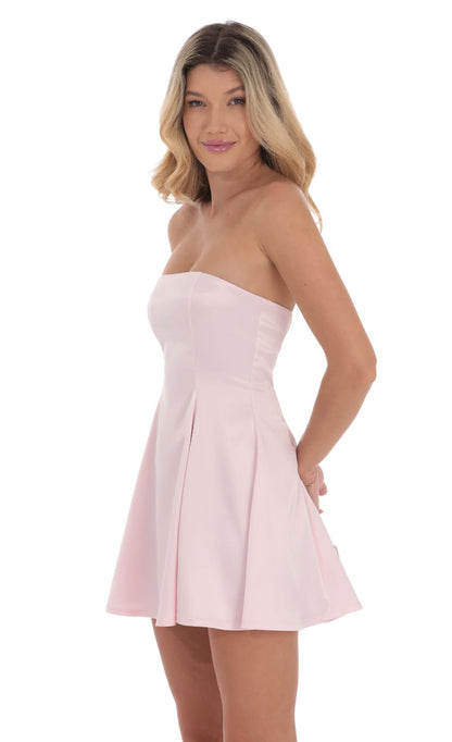 Lucy In The Sky Strapless Satin Fit and Flare Dress in Pink
