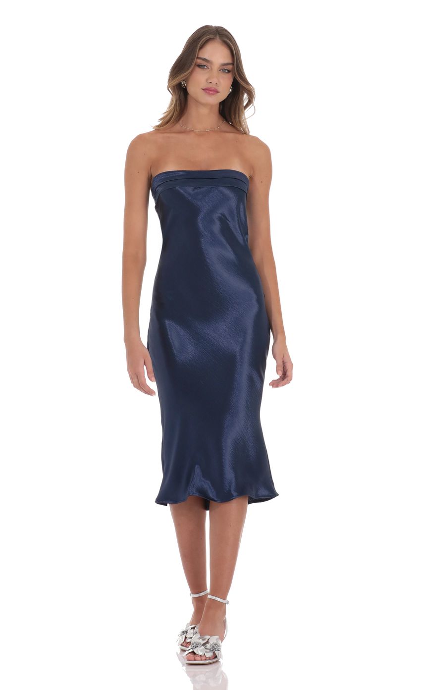 Lucy In The Sky Strapless Satin Open Back Midi Dress in Navy