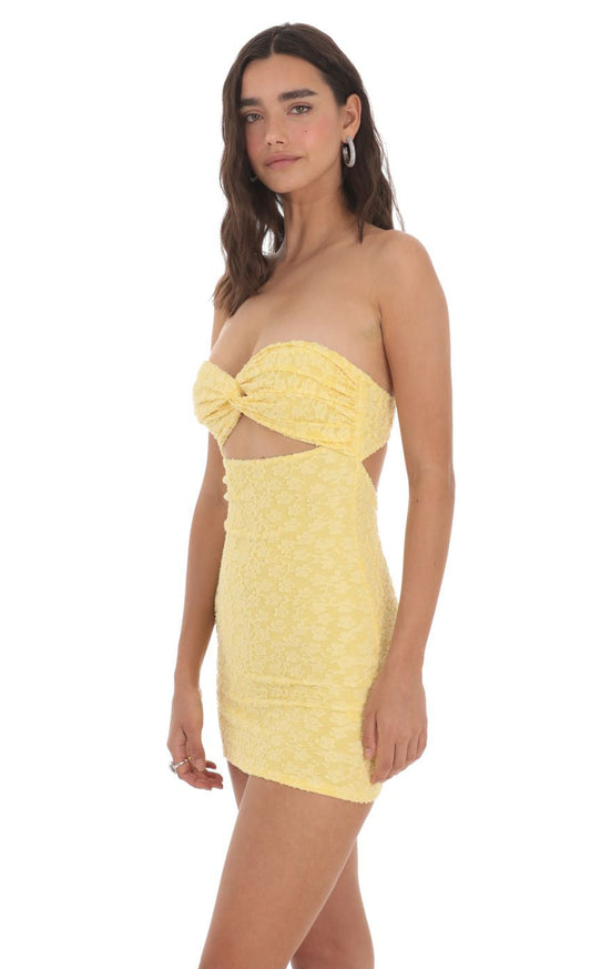 Lucy in the Sky Textured Floral Cutout Dress in Yellow