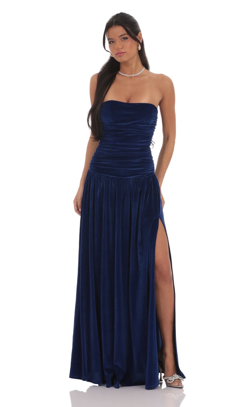 Lucy In The Sky Velvet Ruched Drop Waist Maxi Dress in Navy