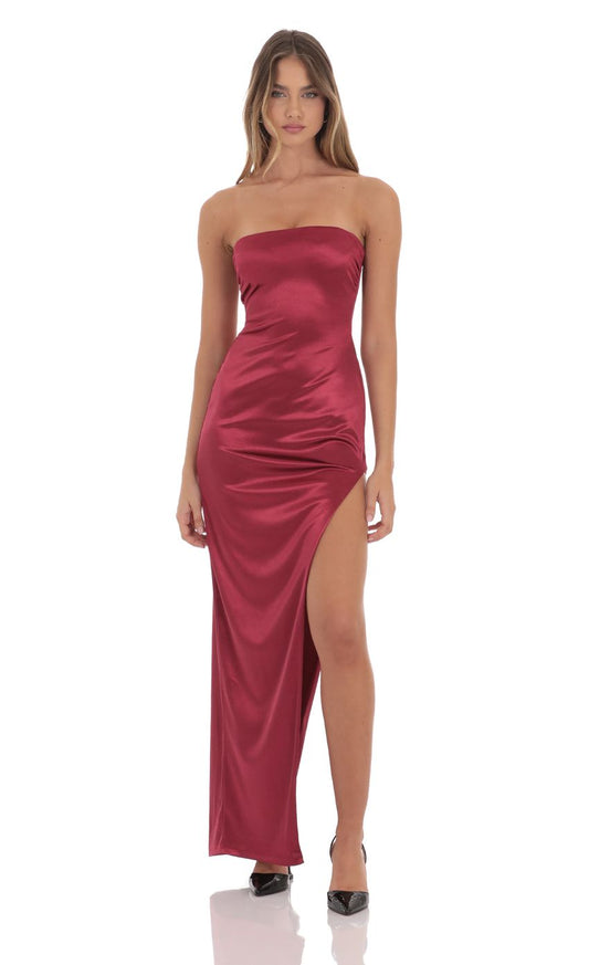 Lucy in the Sky Satin Strapless Dress in Maroon