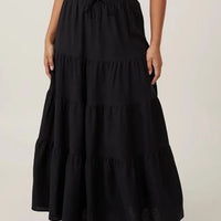 Ursime Casual High Rise Elastic Waist Lace-Up Tiered Maxi Skirt