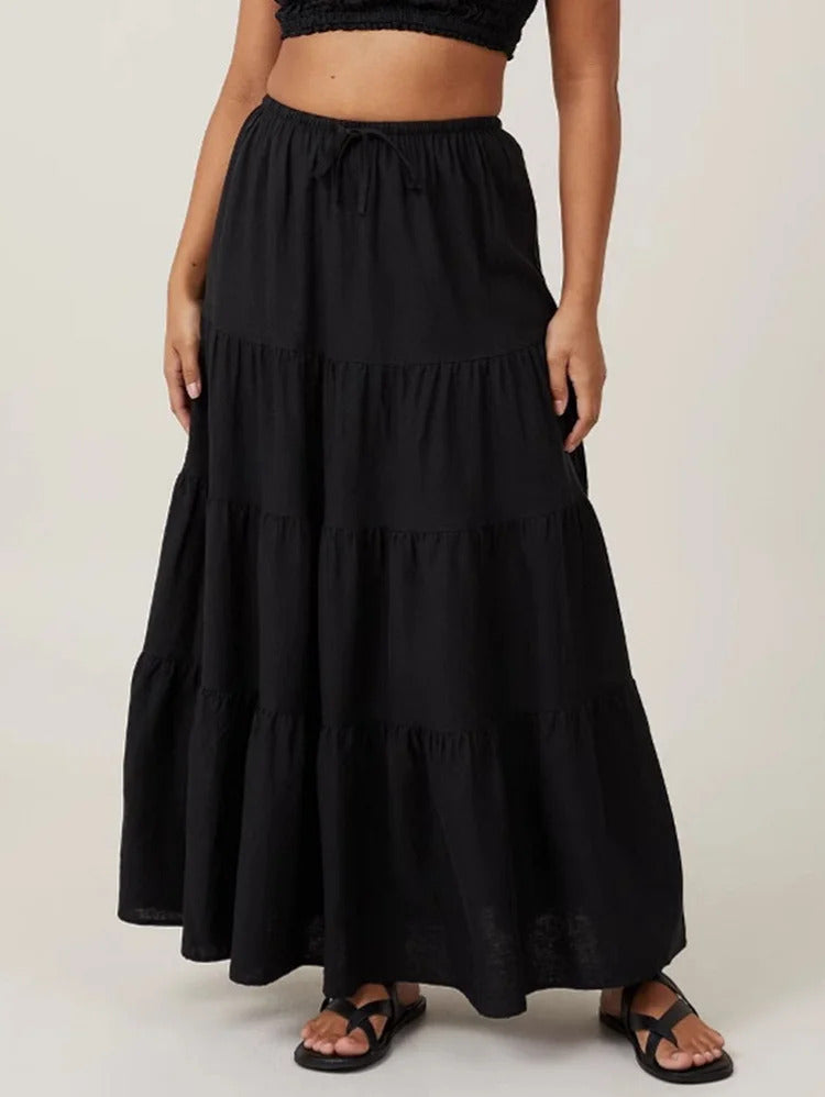 Ursime Casual High Rise Elastic Waist Lace-Up Tiered Maxi Skirt