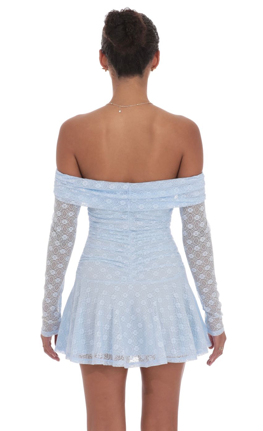 Lucy In The Sky Lace Off Shoulder Flare Dress in Light Blue