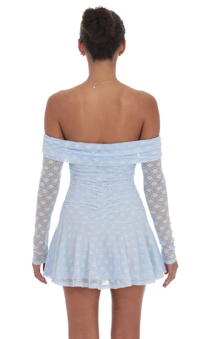 Lucy In The Sky Lace Off Shoulder Flare Dress in Light Blue
