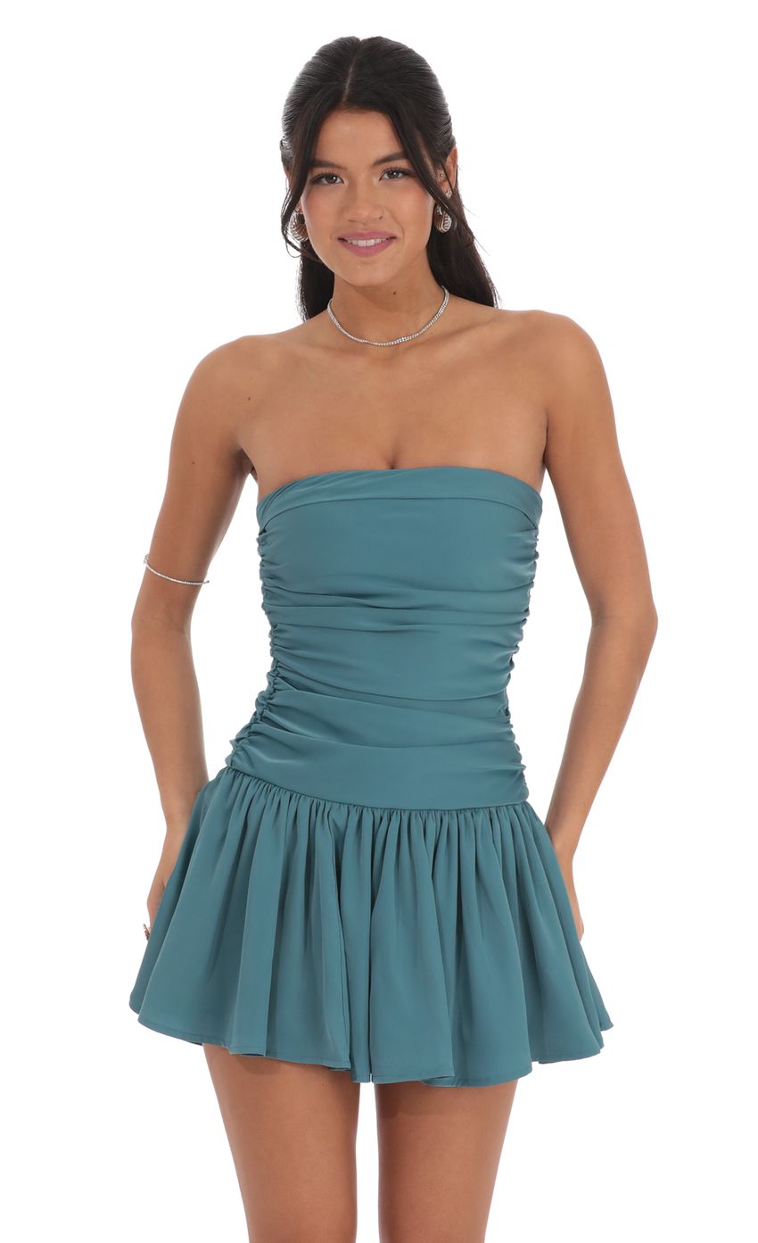 Lucy in the Sky Strapless Ruched Flare Dress in Blue Teal