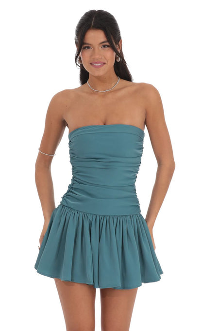 Lucy in the Sky Strapless Ruched Flare Dress in Blue Teal