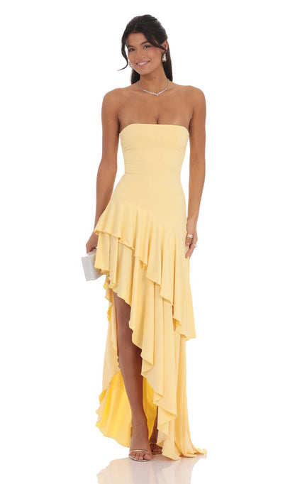 Lucy in the Sky Strapless Ruffle Asymmetrical Maxi Dress in Yellow