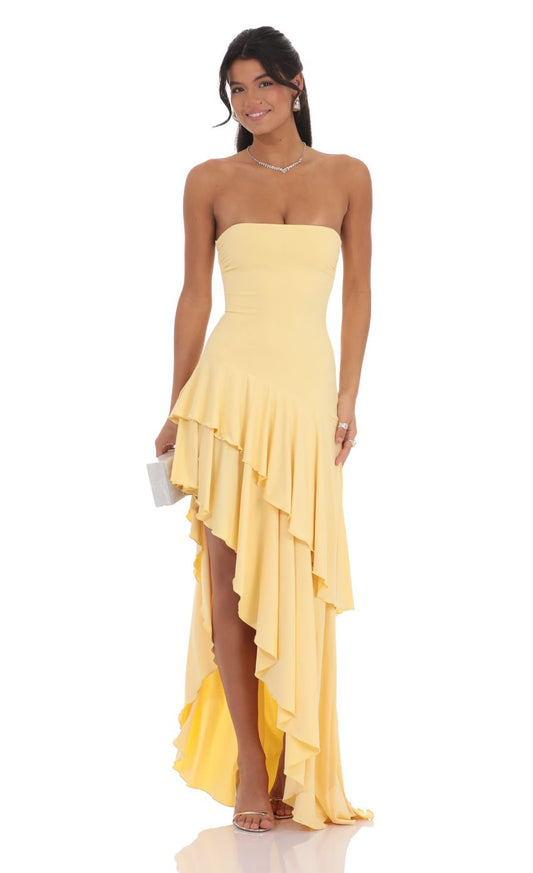 Lucy in the Sky Strapless Ruffle Asymmetrical Maxi Dress in Yellow