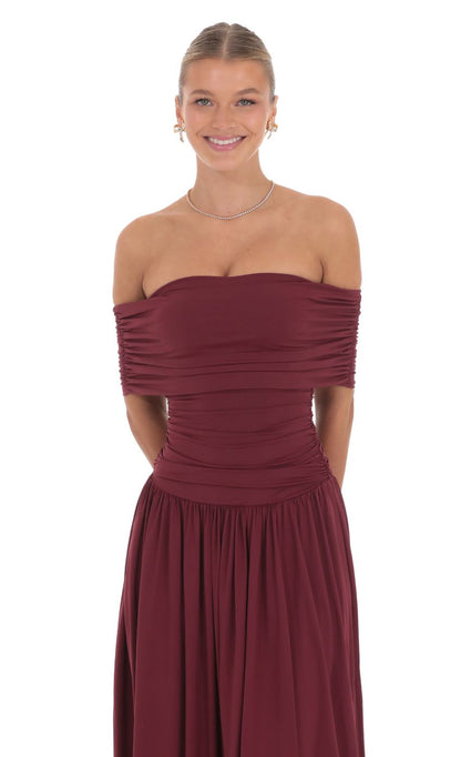 Lucy In The Sky Off Shoulder Drop Waist Maxi Dress in Burgundy