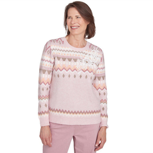 Alfred Dunner Women's Floral Embroidered Fairisle Sweater