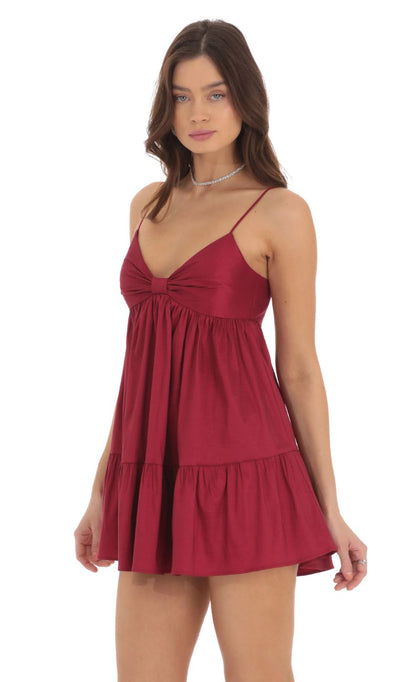Lucy In The Sky Bow Babydoll Dress in Maroon