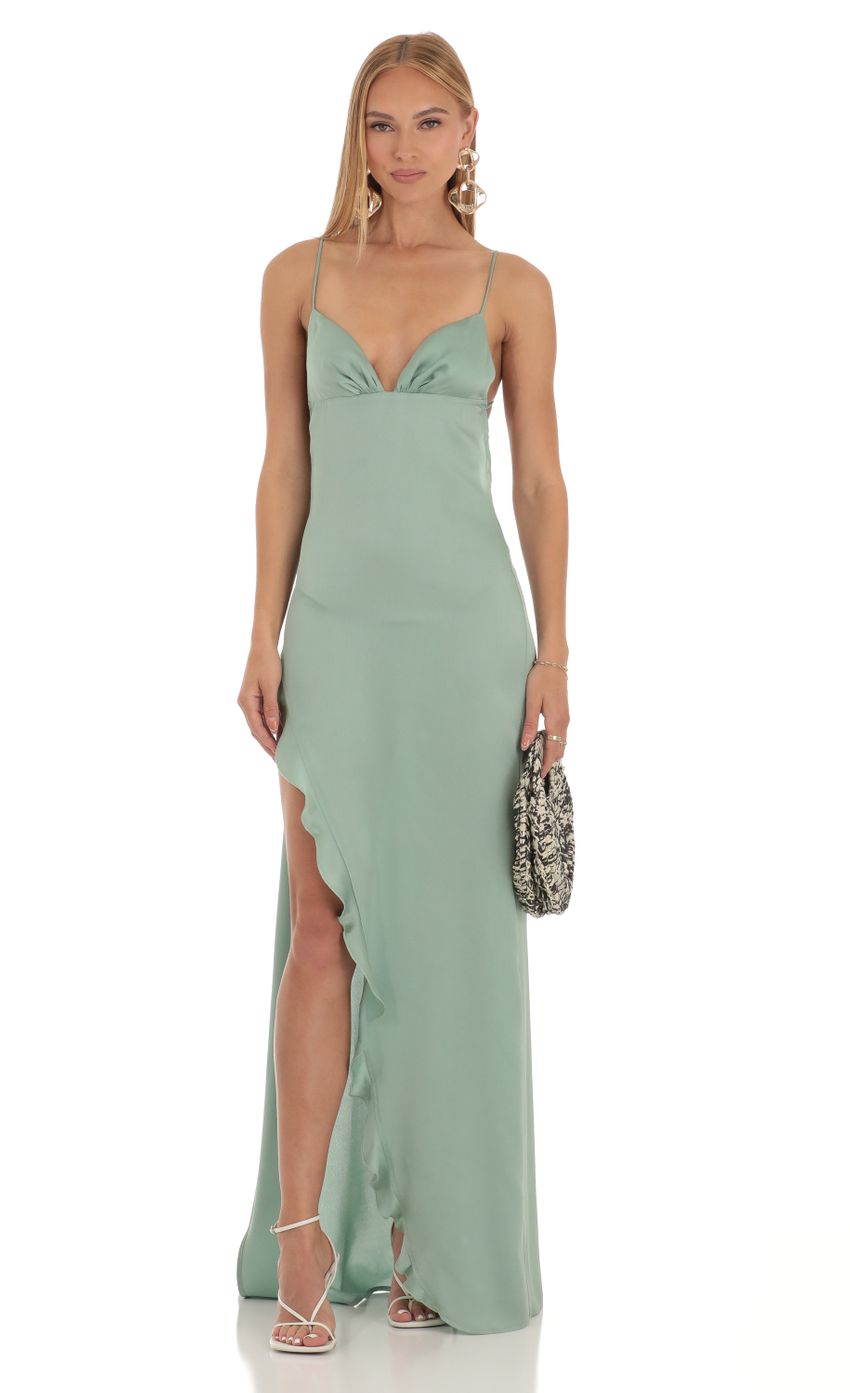 Lucy In The Sky Satin Ruffle Maxi Dress in Sage