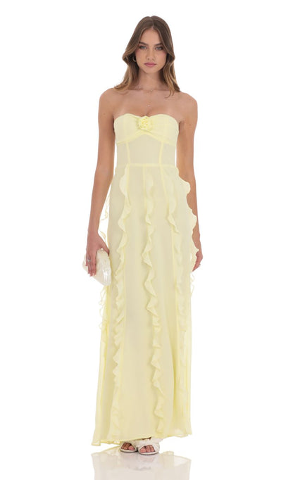 Lucy In The Sky Chiffon Rossette Ruffle Maxi Dress in Yellow