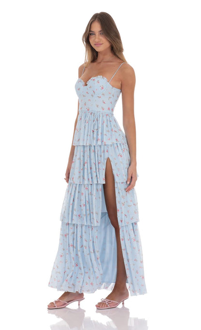 Lucy In The Sky Floral Mesh Ruffle Maxi Dress in Blue