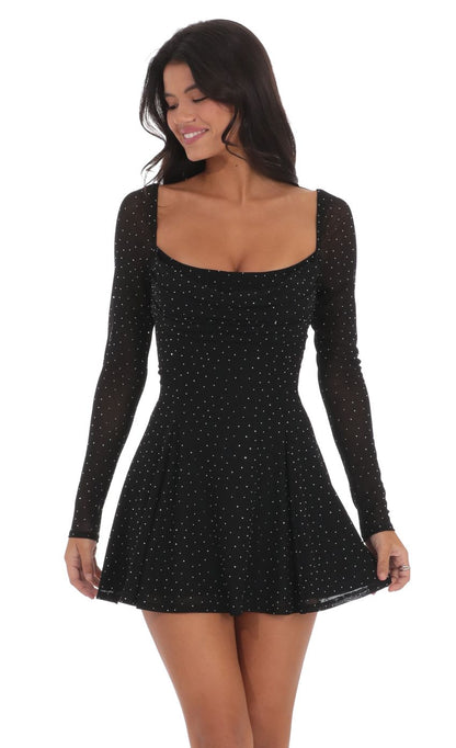 Lucy In The Sky Rhinestone Draped Fit and Flare Dress in Black