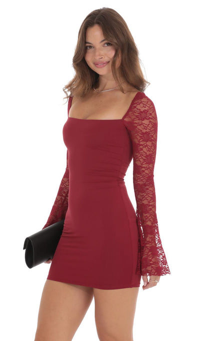 Lucy In The Sky Lace Long Sleeve Bodycon Dress in Maroon