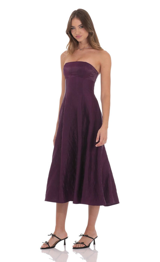 Lucy In The Sky Sheen Empire Waist Midi Dress in Purple Crinkle