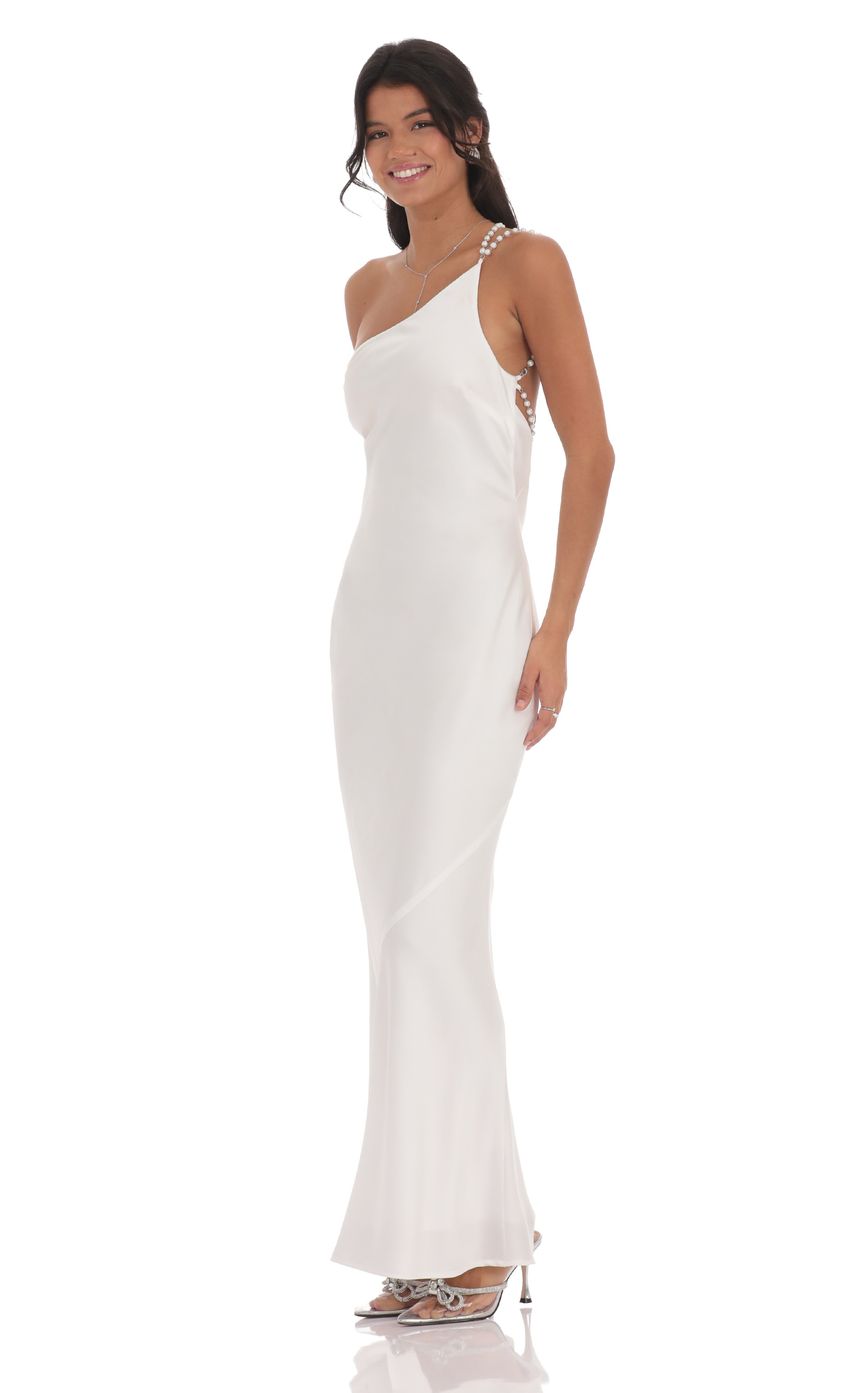 Lucy In The Sky One Shoulder Pearl Satin Maxi Dress in White