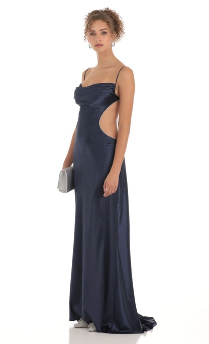 Lucy In The Sky Satin Rhinestone Maxi Dress in Navy