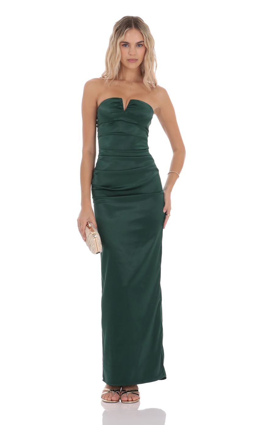 Lucy In The Sky Satin V-Strapless Maxi Dress in Green