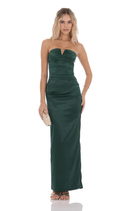Lucy In The Sky Satin V-Strapless Maxi Dress in Green