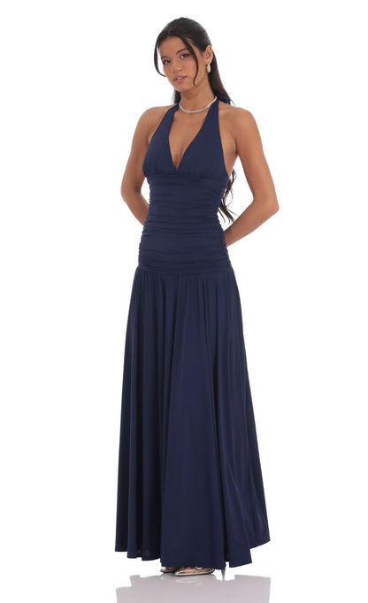 Lucy In The Sky Halter Drop Waist Maxi Dress in Navy