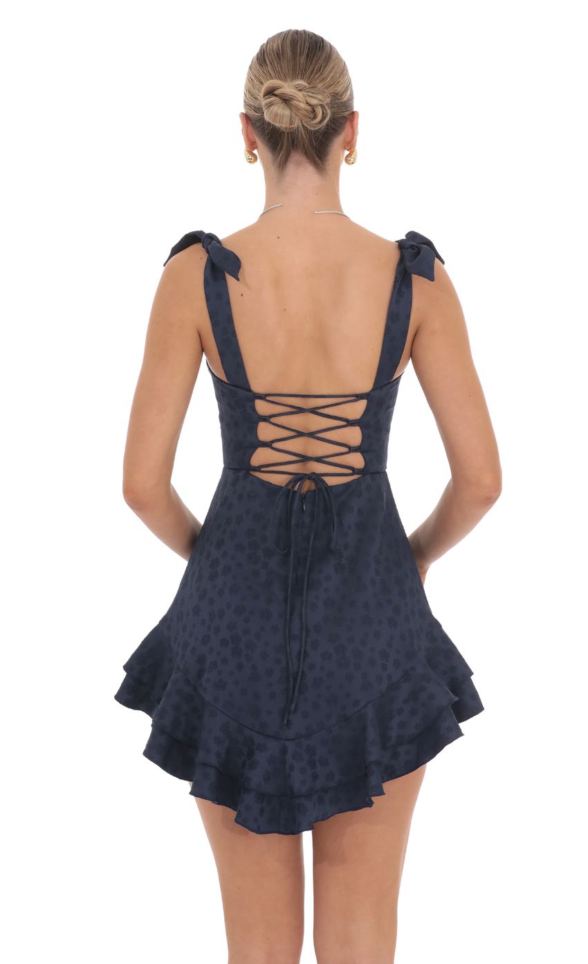 Lucy In The Sky Floral Jacquard Ruffle A-line Dress in Navy
