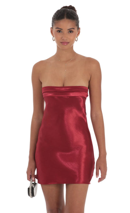 Lucy In The Sky Satin Strapless Slip Dress in Maroon
