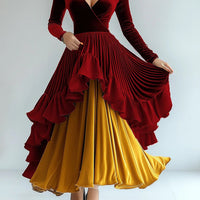 Ursime Velvet Contrast Color Wrap Ruffle Layered Maxi Dress