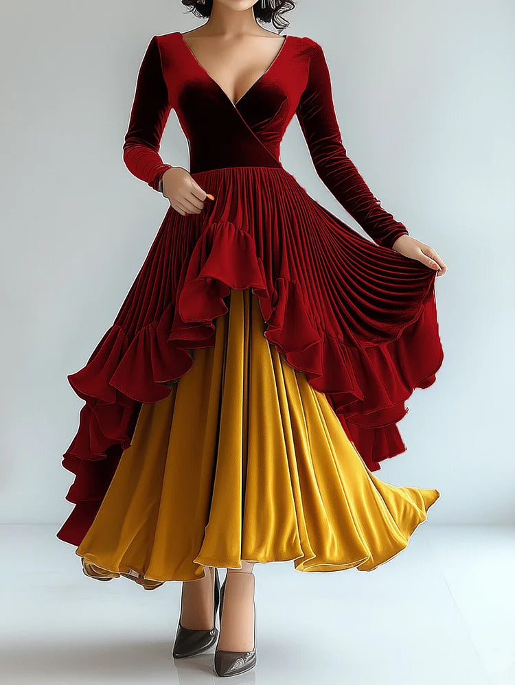 Ursime Velvet Contrast Color Wrap Ruffle Layered Maxi Dress